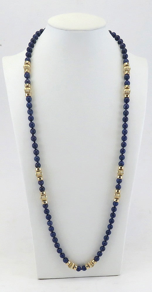 Long 14K Yellow Gold & Sodalite Stone Bead Strand Necklace