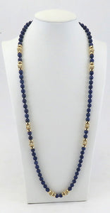 Long 14K Yellow Gold & Sodalite Stone Bead Strand Necklace