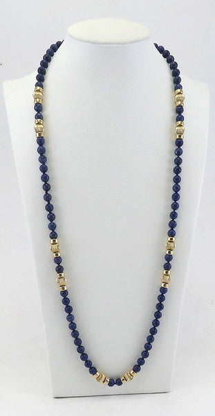 Long 14K Yellow Gold & Sodalite Stone Bead Strand Necklace