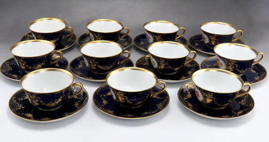 22pc Hutschenreuther German Porcelain China Cobalt Gold Flower Tea Cups Saucers