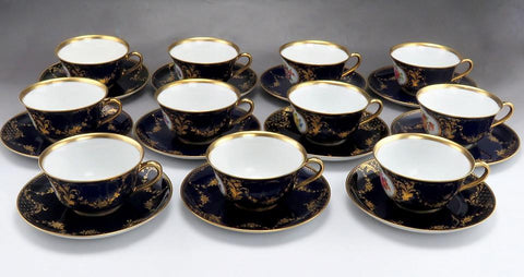 22pc Hutschenreuther German Porcelain China Cobalt Gold Flower Tea Cups Saucers