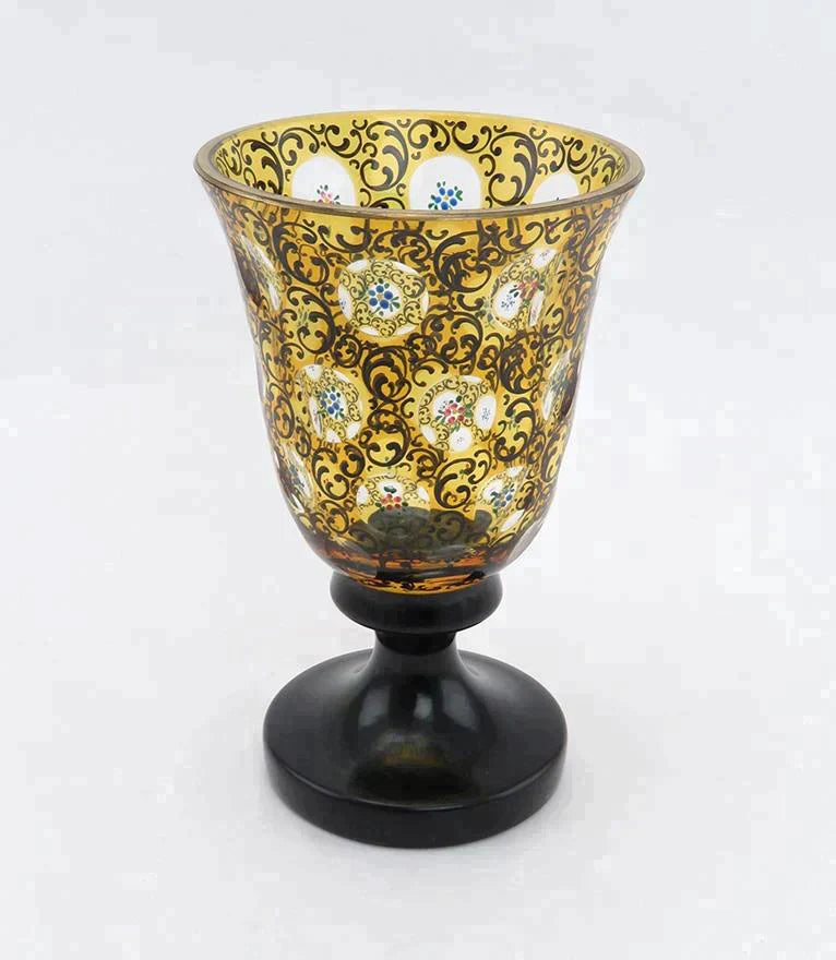 Early 1900s Czech Yellow Amber Cut to Clear Thousand Eye Handpainted Floral Vase