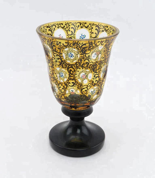 Early 1900s Czech Yellow Amber Cut to Clear Thousand Eye Handpainted Floral Vase