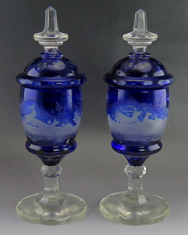 Rare Antique 1860s Bohemian Cut Glass Forest Wildlife Theme Covered Urns
