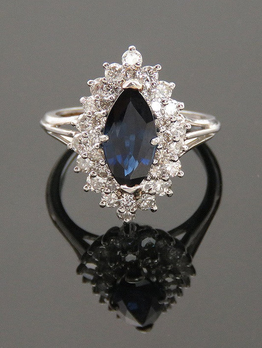 Exquisite Marquis Deep Blue Sapphire in Glittering Diamond Stars Platinum Ring