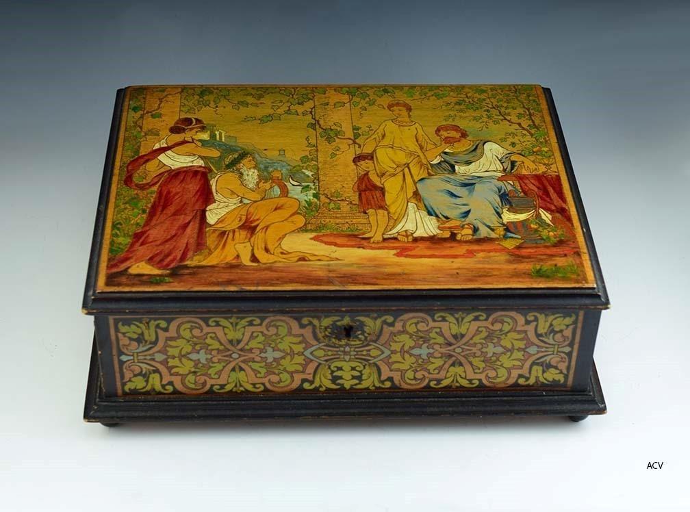 Antique Late 1800s Raised Box w/Classical Greco Roman Hand Painted Decor