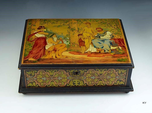 Antique Late 1800s Raised Box w/Classical Greco Roman Hand Painted Decor