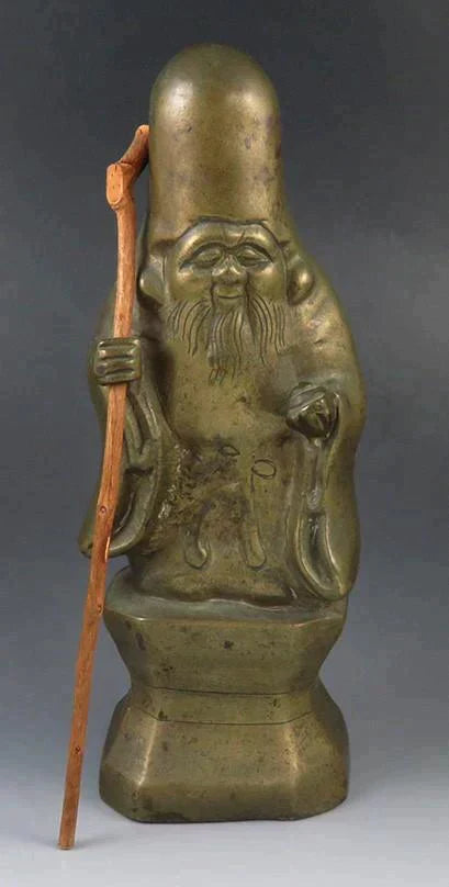 Antique Chinese Bronze Wise Man w/ Walking Stick Shou Lao God Figurine