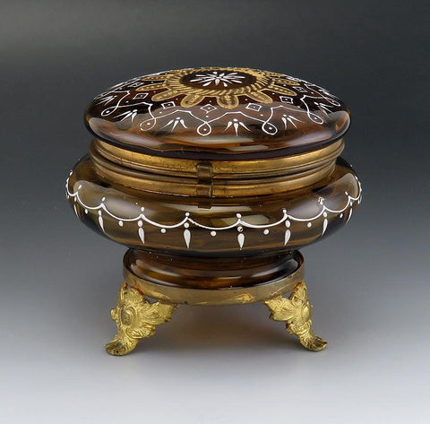 American Victorian Amber Glass Brass Impasto Enameled Dresser/Trinket/Vanity Box