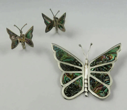 VTG Mexican Sterling Silver Abalone Butterfly Earrings Pin/Brooch Jewelry Set