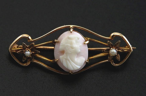 Antique Victorian 10K Yellow Gold Natural Pearl Carved Shell Cameo Pin/Brooch