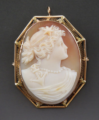 Antique 14K Gold & Hand Carved Natural Shell Nautical Cameo Pin/Brooch/Pendant