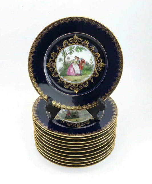12 Vintage Hutschenreuther Porcelain China Victorian Cobalt Gold Dinner Plates