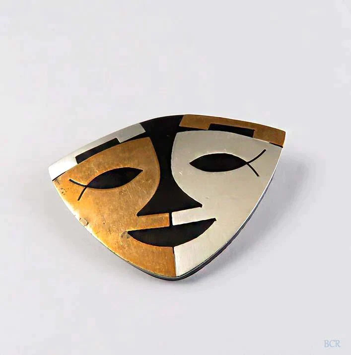 Mixed Metal Mexican Happy Face Modernist Sterling Silver Brass Pin Brooch