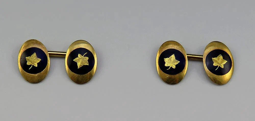 Antique c1910 18K Yellow Gold & Enamel Maple Leaf Mens Suit Cufflinks