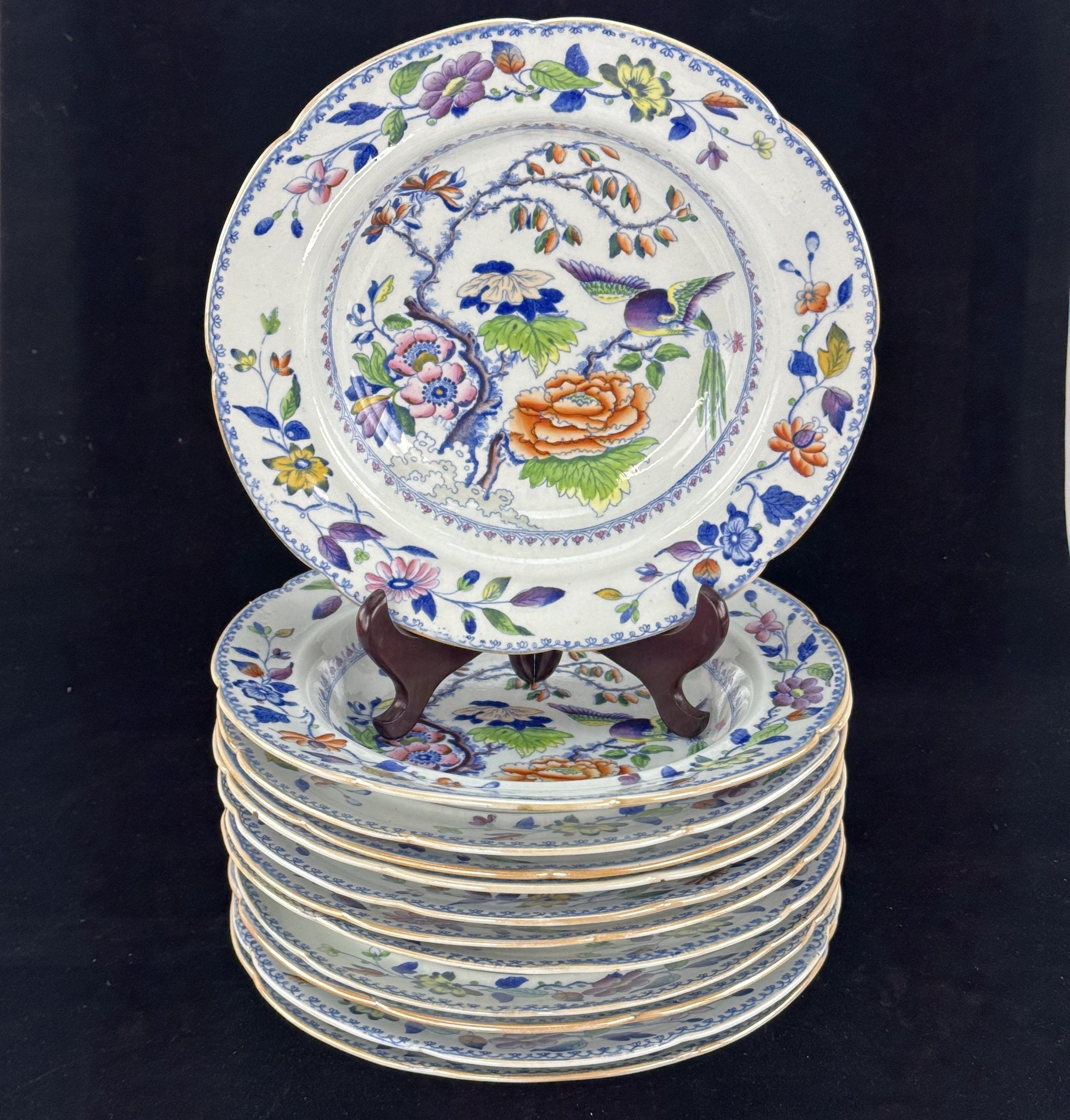 Set 12 c1815 Georgian English Davenport Flying Bird Wide Rim Soup Bowls 9.5"