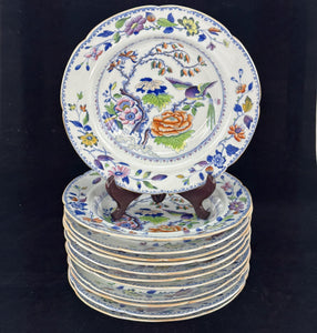 Set 12 c1815 Georgian English Davenport Flying Bird Wide Rim Soup Bowls 9.5"