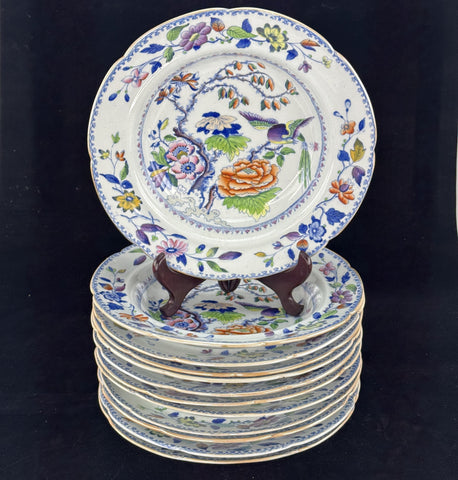 Set 12 c1815 Georgian English Davenport Flying Bird Wide Rim Soup Bowls 9.5"
