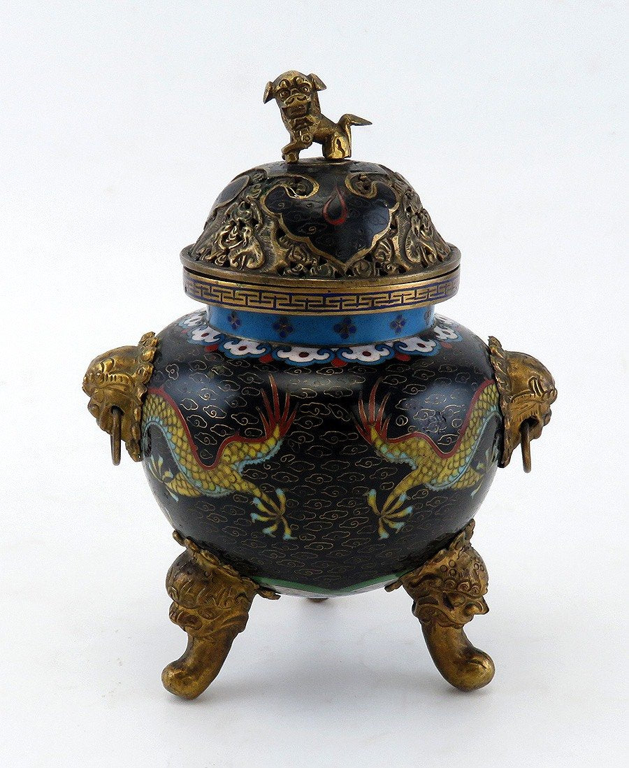 Superb c1860s Chinese/Japanese Cloisonne Dragon Lion Censer Potpourri Jar w Lid