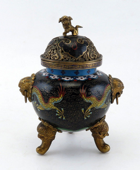 Superb c1860s Chinese/Japanese Cloisonne Dragon Lion Censer Potpourri Jar w Lid