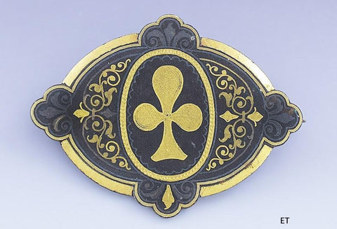 c1800-1850 Antique Toledo Damascene High Karat Gold Club Trefoil Pin Brooch