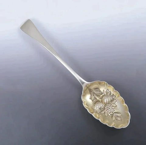 Antique 1798 English Georgian Sterling Silver Chased Fruit Bowl Serving Spoon
