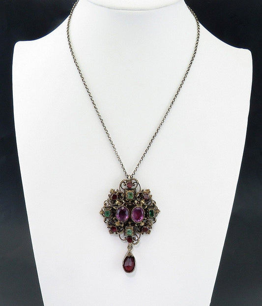 c1880s Austro Hungarian Gilt Silver Amethyst Garnet Filigree Pendant Necklace