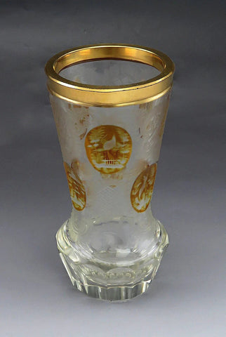 Antique Bohemian Frosted Amber Glass Thumbprint Flower Vase Gold Rim