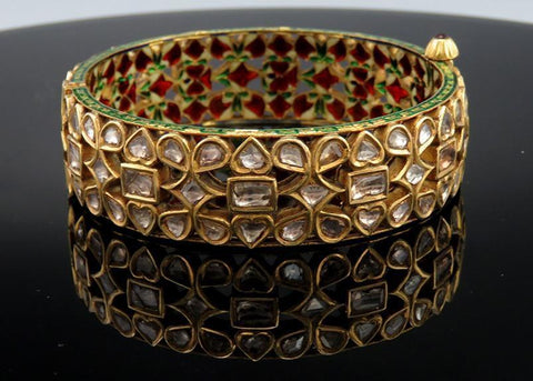 Vintage Indian Mughal 22k Gold Polki ~3ct Diamond Meenakari Enamel Bracelet