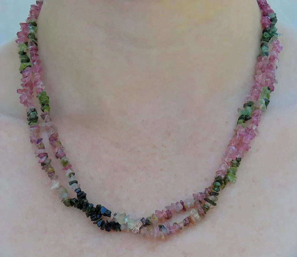 Long & Lovely Plum and Green Tourmaline Gemstone Bead Strand Necklace 36 Inches