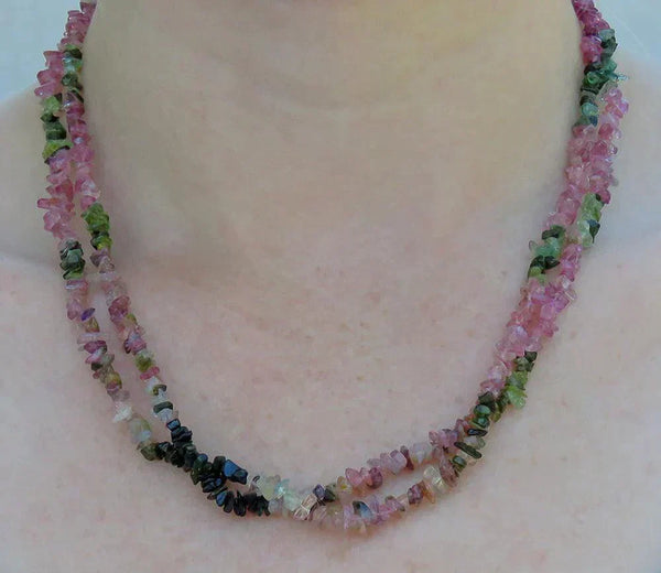 Long & Lovely Plum and Green Tourmaline Gemstone Bead Strand Necklace 36 Inches