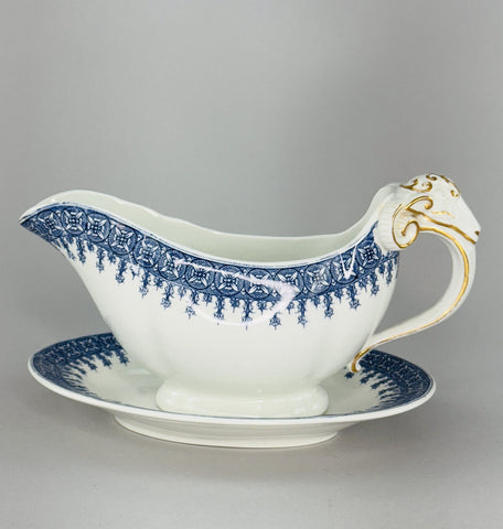 Antique Royal Worcester Gravy Boat and Under Plate w Ram's Heads 1890