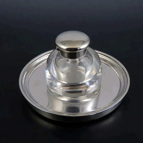 Fine 1824 Georgian English Sterling Silver & Glass Inkwell w Tray