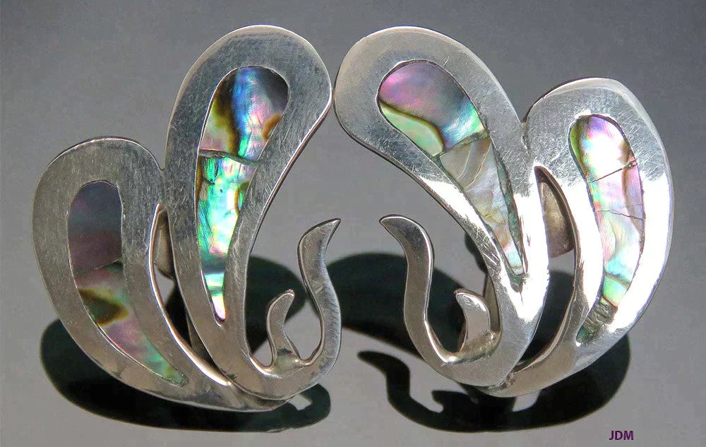 Lovely Pair VTG Mexican Sterling Silver Abalone Earrings