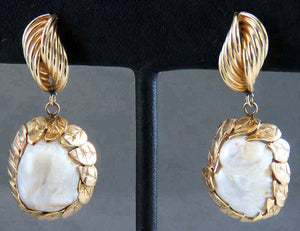 Gorgeous Pair 14k Yellow Gold Baroque Keshi Pearl Drop Dangle Earrings