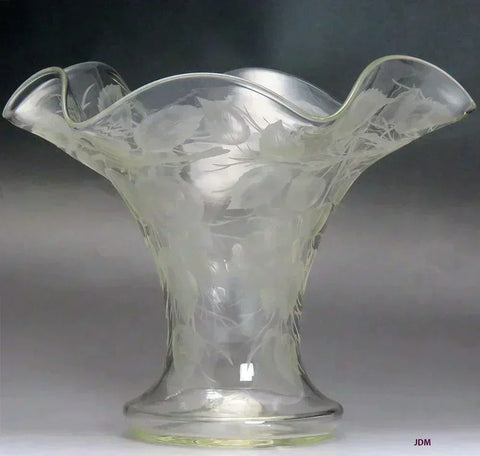 Beautiful Antique Intaglio Cut Crystal Glass Trumpet Vase w Fruit Design