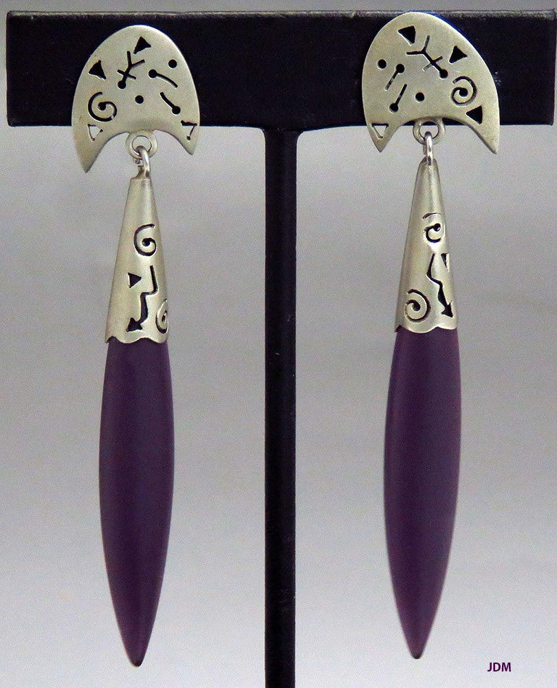 Beautiful Pair Sterling Silver Frosted Purple Glass Dangle Earrings
