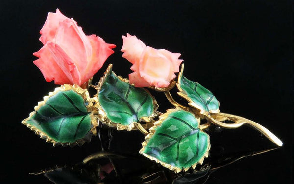 Lovely Italian 18k Yellow Gold Enamel Rose Floral Pin Brooch