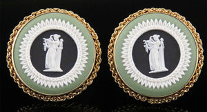 Stylish 14k Gold Tri Color Wedgwood Jasper Sage Green Classical Cufflinks