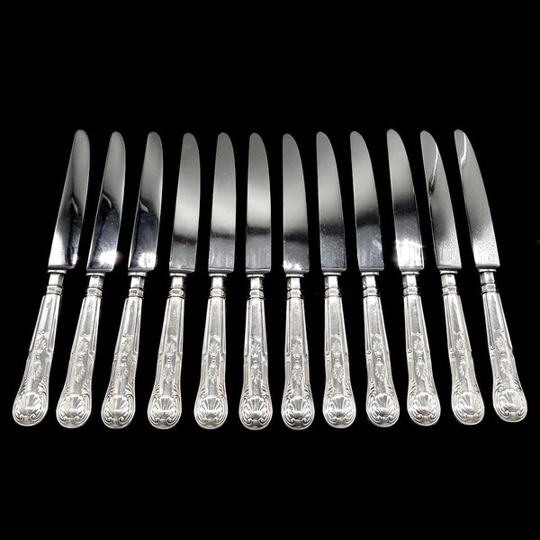 12 Vintage 1955 English Sterling Silver Wm Yates Ltd Kings Dinner Knives 9 3/4"