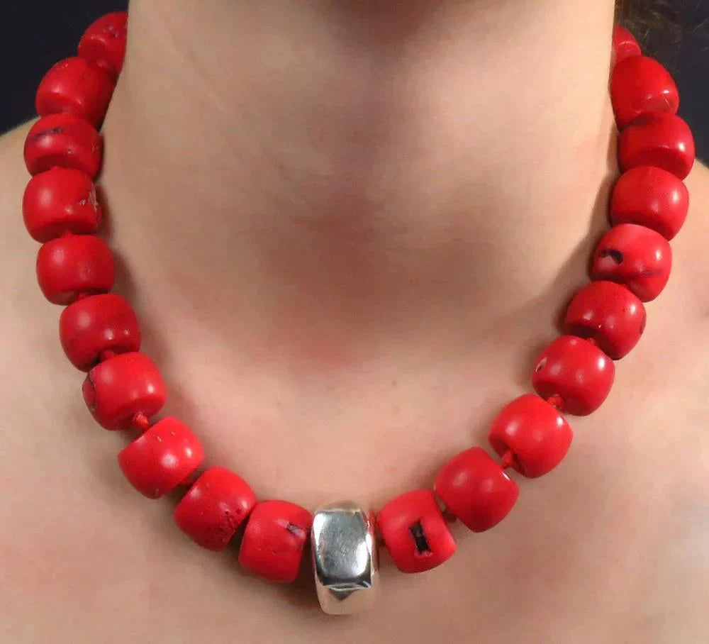 Gorgeous Cherry Red Coral Bead Sterling Silver Statement Necklace