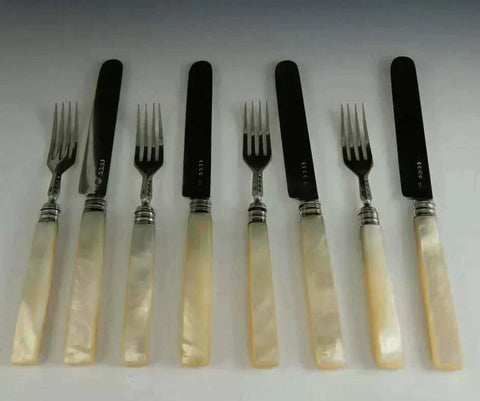 1841 Fantastic 8pc Victorian English Sterling Silver MOP Dessert / Fruit Set