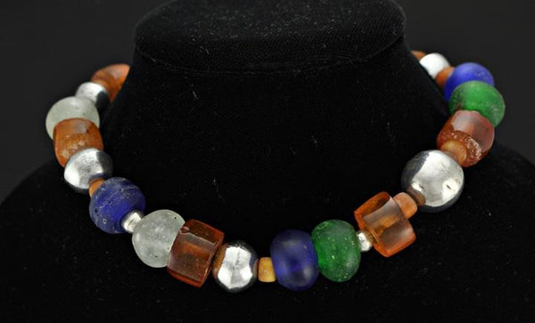 Beautiful Glass Sterling Beaded Choker Necklace Enameled Clasp Orange Green Blue