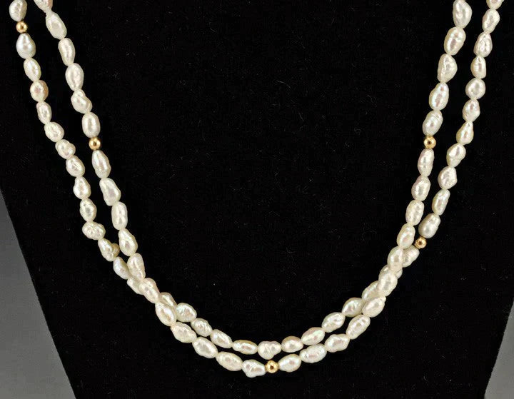 2 Genuine Pearl and Gold Beaded Necklace 33 1/2"