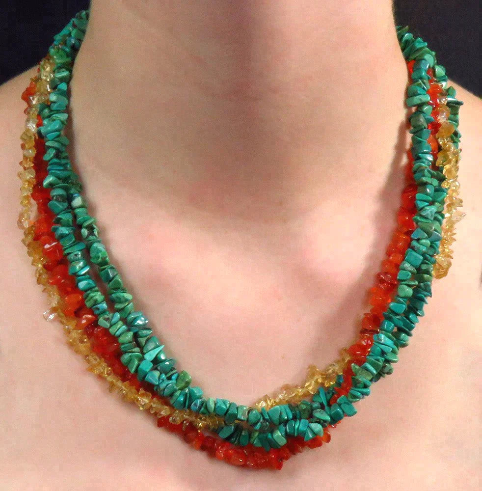 Colorful Multi Strand Gem Torsade Twist Necklace Turquoise Carnelian Citrine