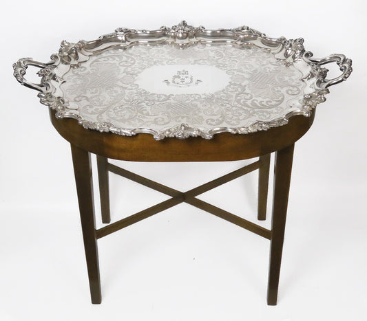 Antique c1820 English Regency Silver Tray w/ Custom Wooden Table