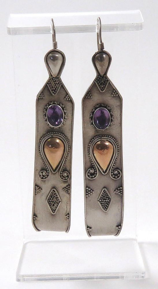 Hand Made Amethyst Gemstone Sterling Silver & 18K Gold Long French Hook Earrings