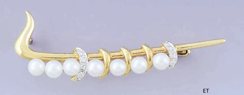 Stunning 18k Yellow Gold Diamond Pearl Abstract Pin Brooch