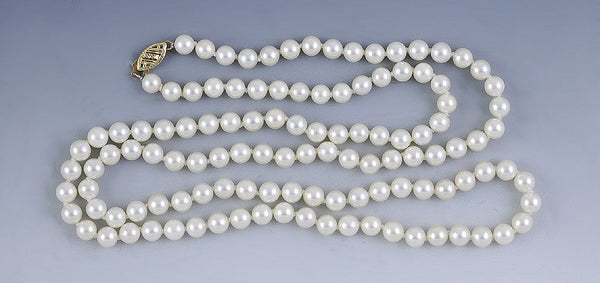 Long Strand Knotted 6mm Pearls 14K Gold Filigree Clasp ~30" Necklace