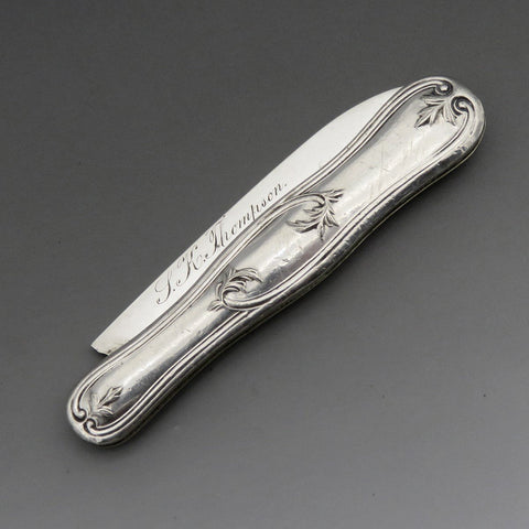 c1850s American Coin Silver Folding Pocket Pen or Fruit Knife Olive Leaf Design